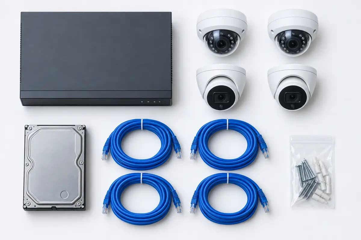A kit laid out: recorder, four cameras, hard drive, network leads and fixings