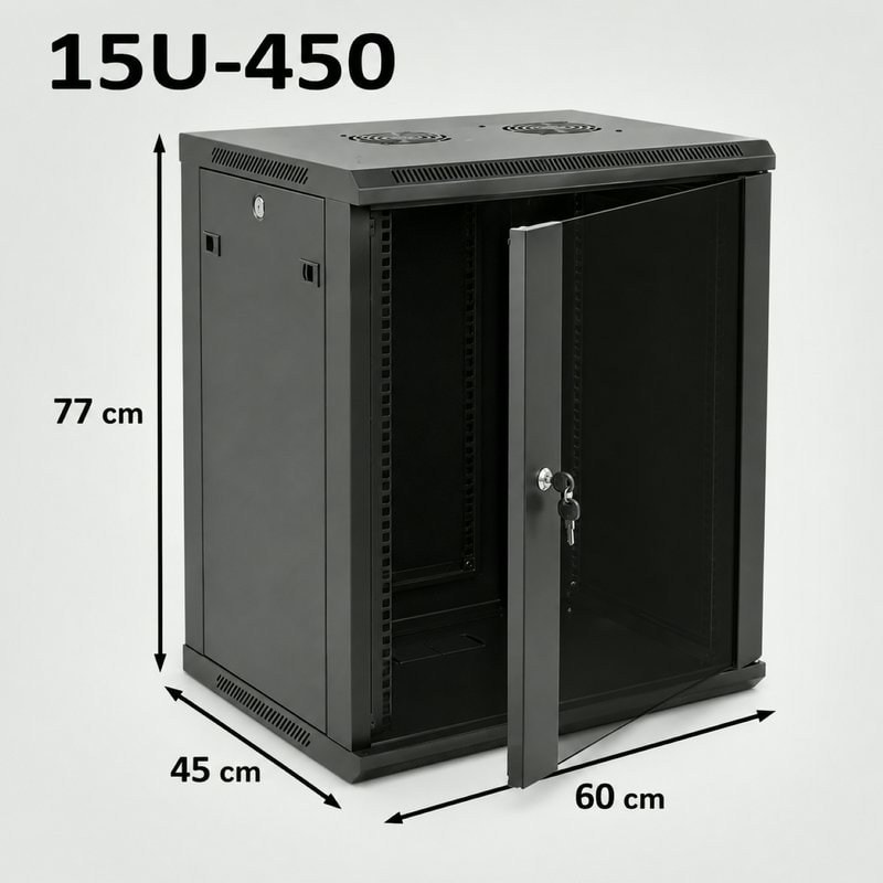 15U 19" Black Data Network Cabinet - Wall-Mount Server Rack (450mm Depth), image 1