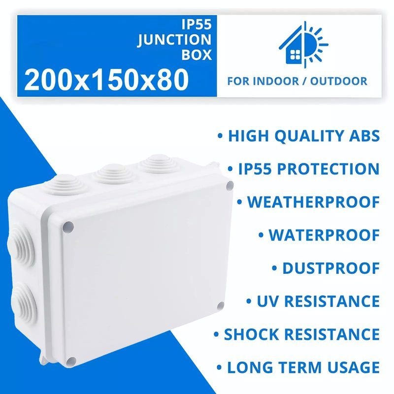 IPBOX Grey IP55 Waterproof Junction Box 200×155×80mm, image 1