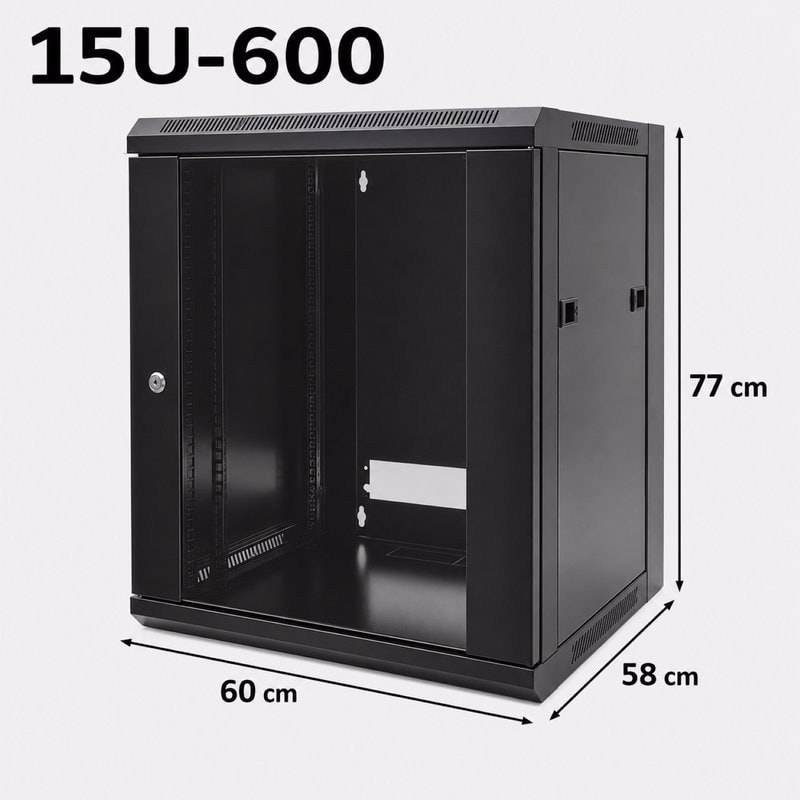 15U 19" Wall Server Rack - Black Network Cabinet (770x600mm), image 1