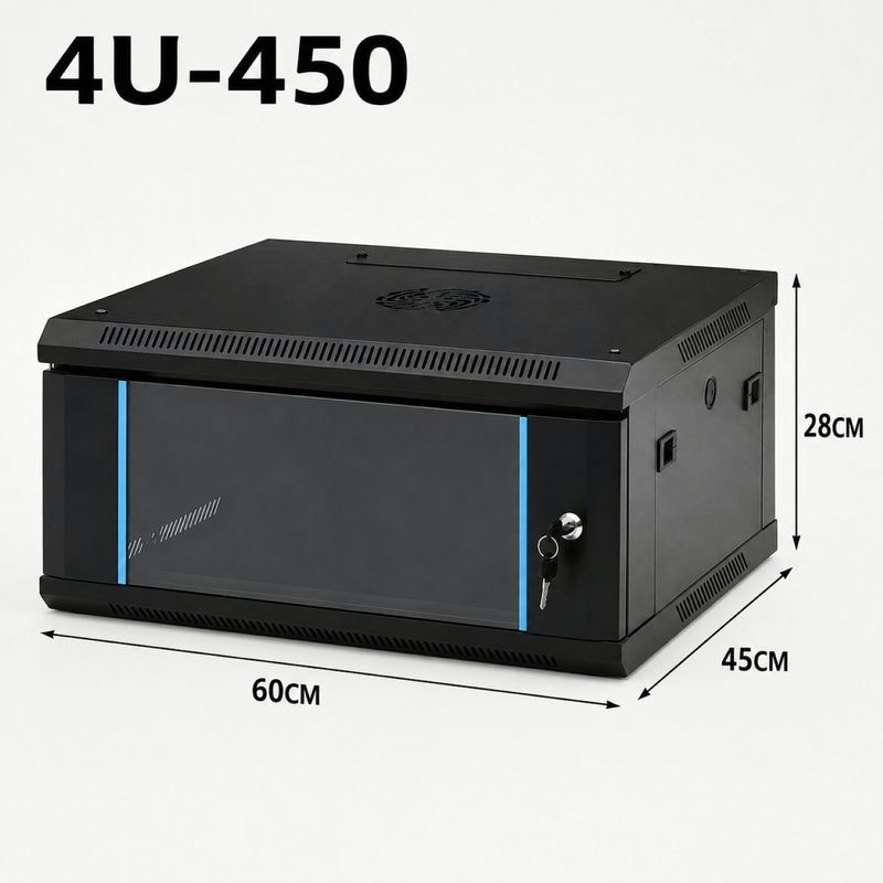 4U 19" Black Data Network Cabinet - Wall-Mount Server & Switch Rack (450mm Depth), image 1