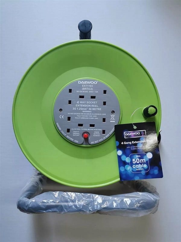 50m 4 Way Extension Cable Reel 13A Heavy Duty Green, image 1