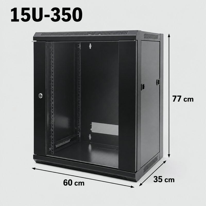 15U 19" Black Data Network Cabinet - Wall-Mount Server & Switch Rack, image 1