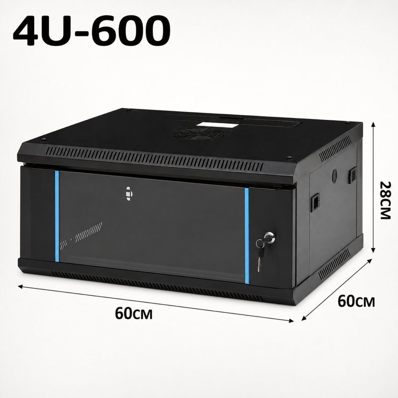 4U Server Rack Data Network Cabinet - Black, Wall/Floor Mounted, Lockable, image 1