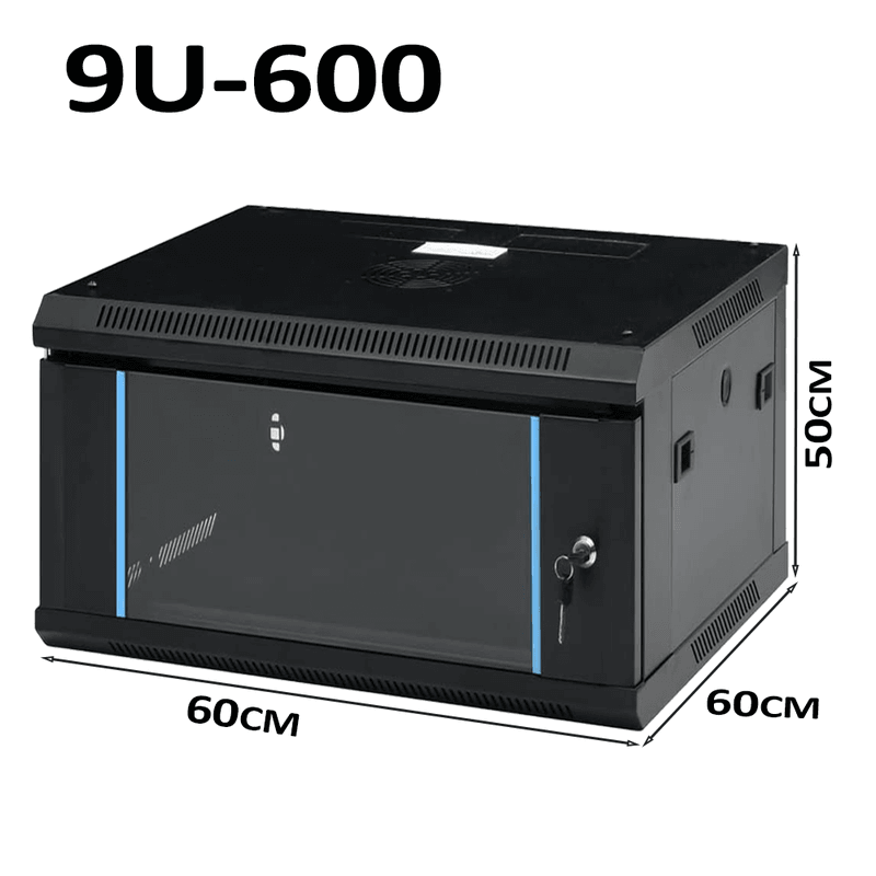 9U Wall Mount Network Rack Cabinet 600×600mm Lockable Black, image 1