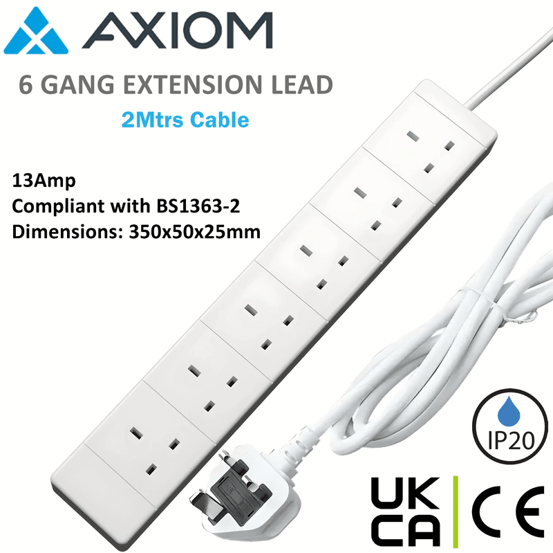 6 Way Power Extension Lead 2m 13A UK Mains Socket Strip, image 1
