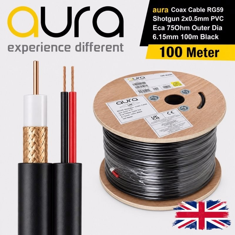 Aura RG59 Shotgun CCTV Cable Reel 100m Coaxial + Power Black, image 1