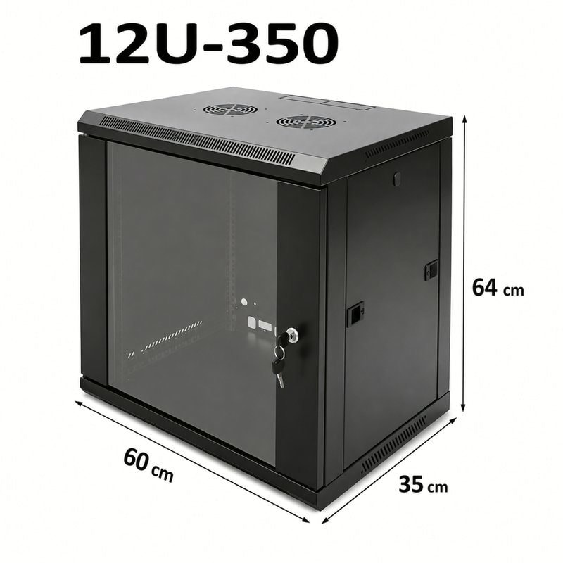 12U-350 Server Rack Data Network Cabinet - Black, Lockable Wall/Floor Mounted, image 1